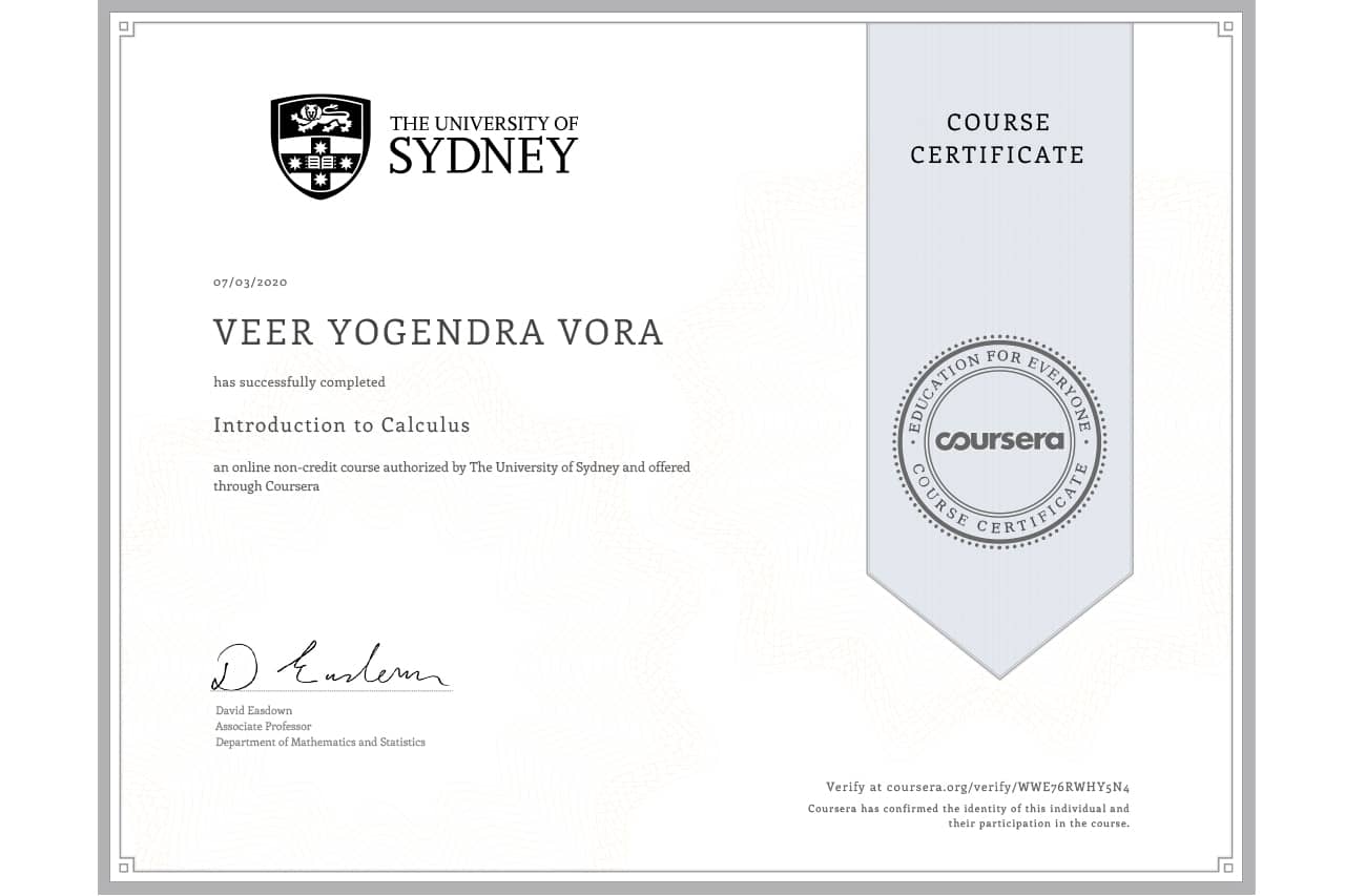 Coursera – Intro to Calculus – certificate